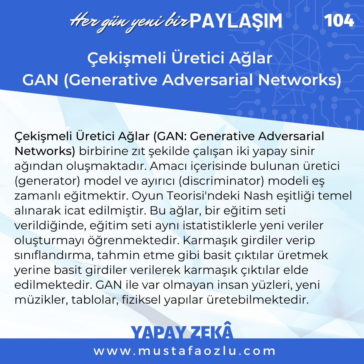 Çekişmeli Üretici Ağlar 
GAN (Generative Adversarial Networks) - Mustafa ÖZLÜ